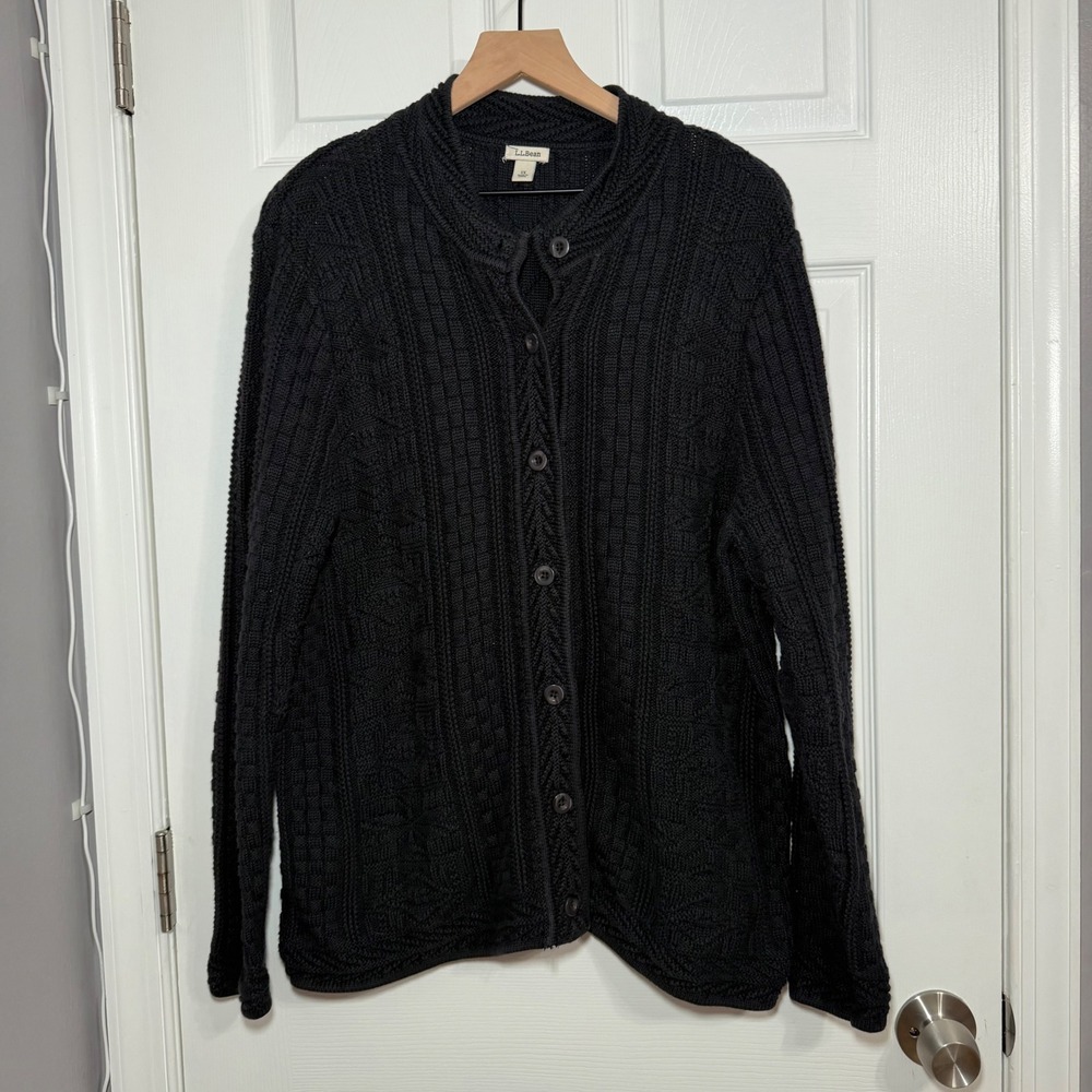 LL Bean Cardigan Sweater Womens 1X gray black Chunky CableKnit Fisherman Button